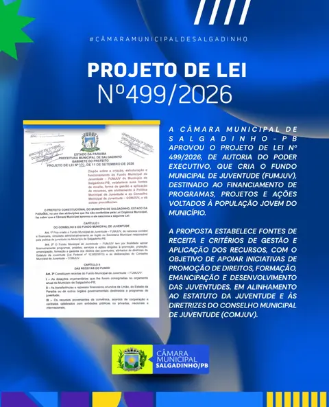 📜 PROJETO DE LEI CRIA FUNDO MUNICIPAL DE JUVENTUDE EM SALGADINHO