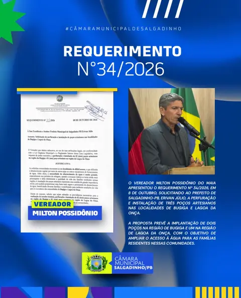 📜 REQUERIMENTO SOLICITA PERFURAÇÃO DE POÇOS ARTESIANOS PARA COMUNIDADES DE SALGADINHO