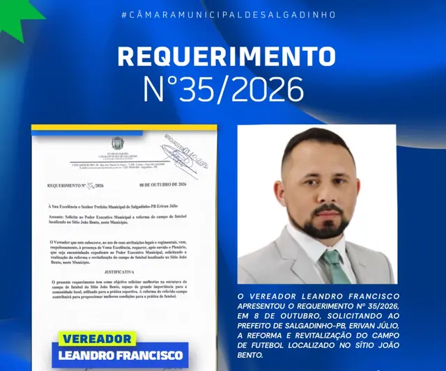 Vereador pede reforma de campo de futebol no Sítio João Bento, em Salgadinho