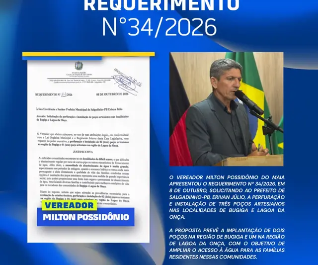 Vereador pede três poços artesianos para Bugiga e Lagoa da Onça