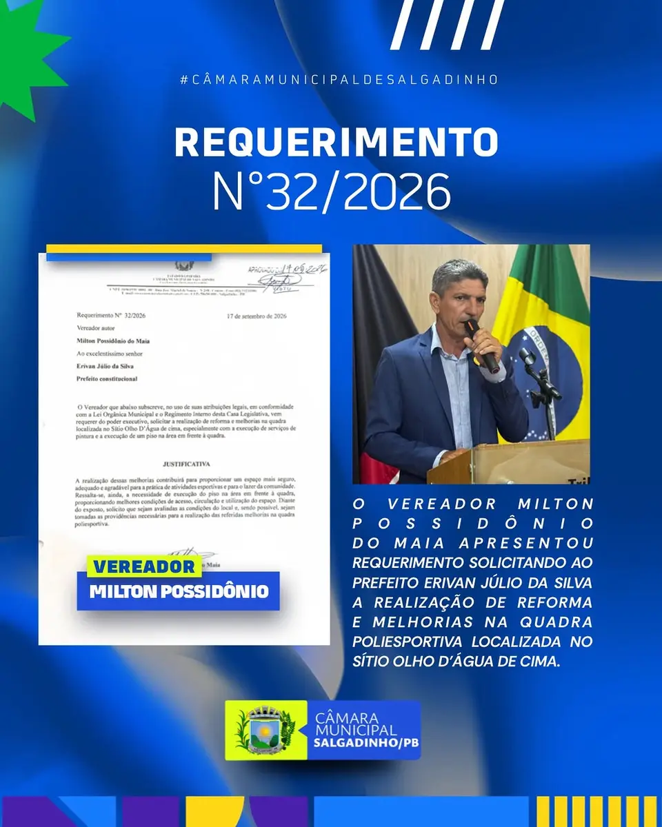 Vereador pede reforma de quadra no Sítio Olho D’Água de Cima