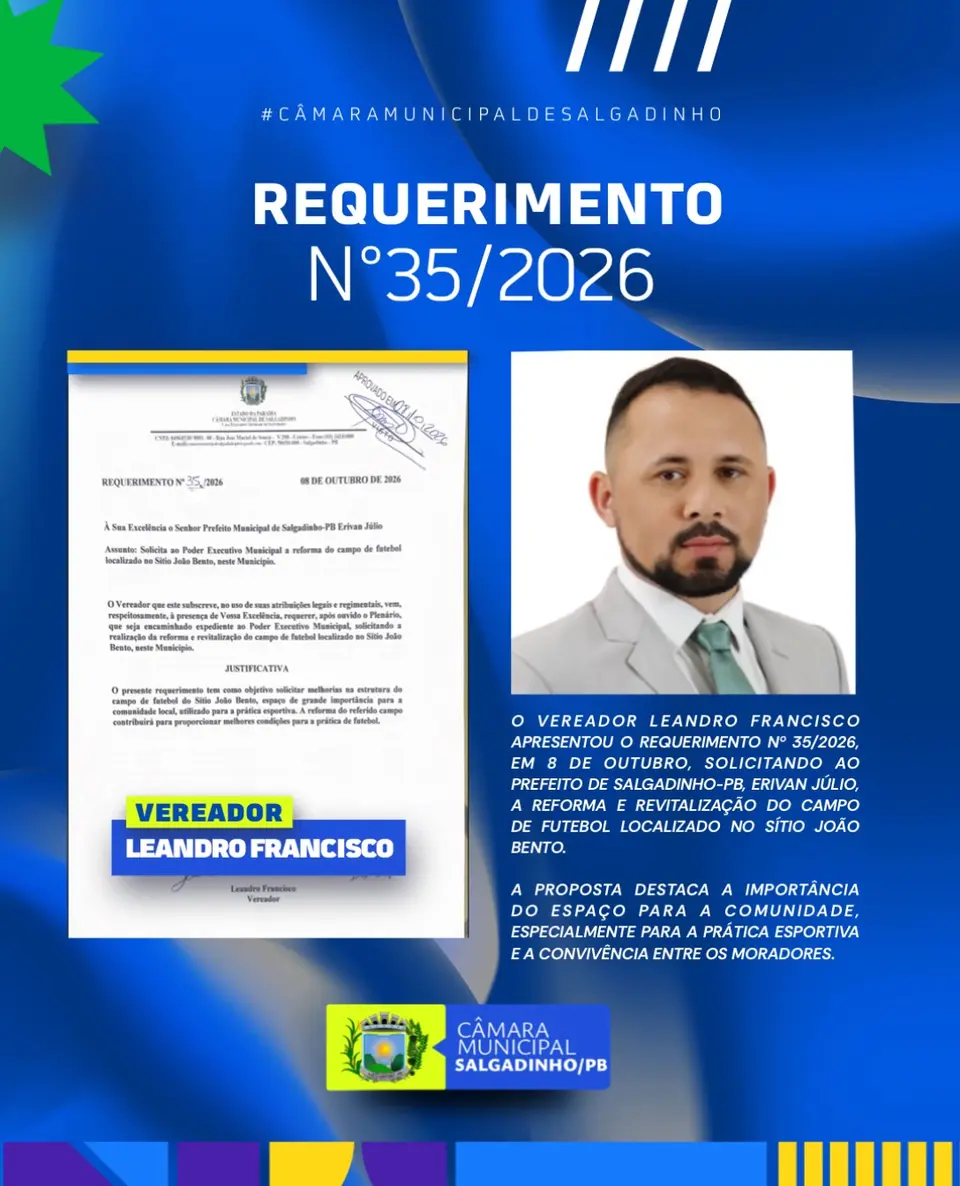 Vereador pede reforma de campo de futebol no Sítio João Bento, em Salgadinho