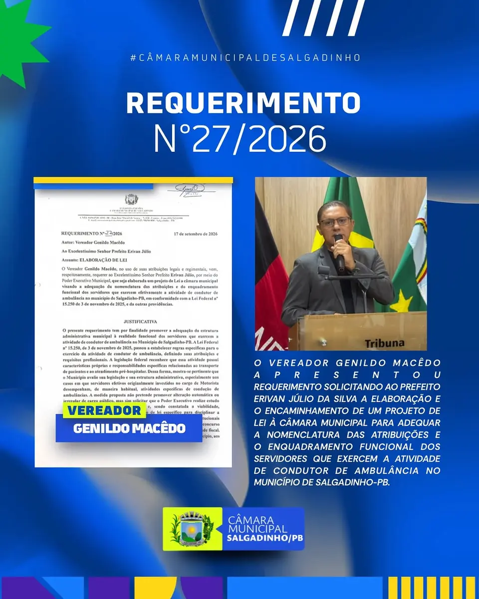 Genildo Macêdo pede projeto sobre condutores de ambulância em Salgadinho