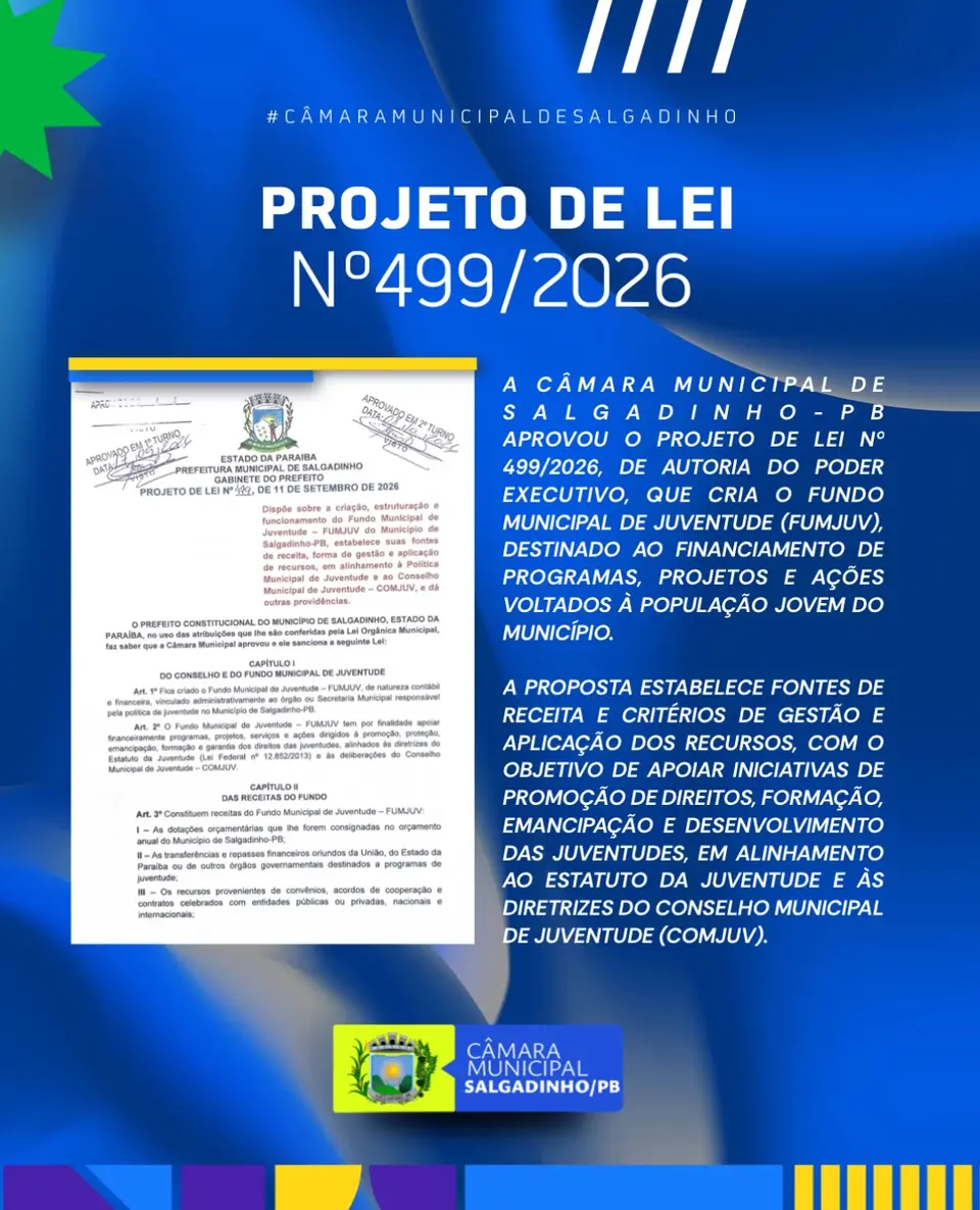 Câmara aprova projeto que cria o Fundo Municipal de Juventude em Salgadinho