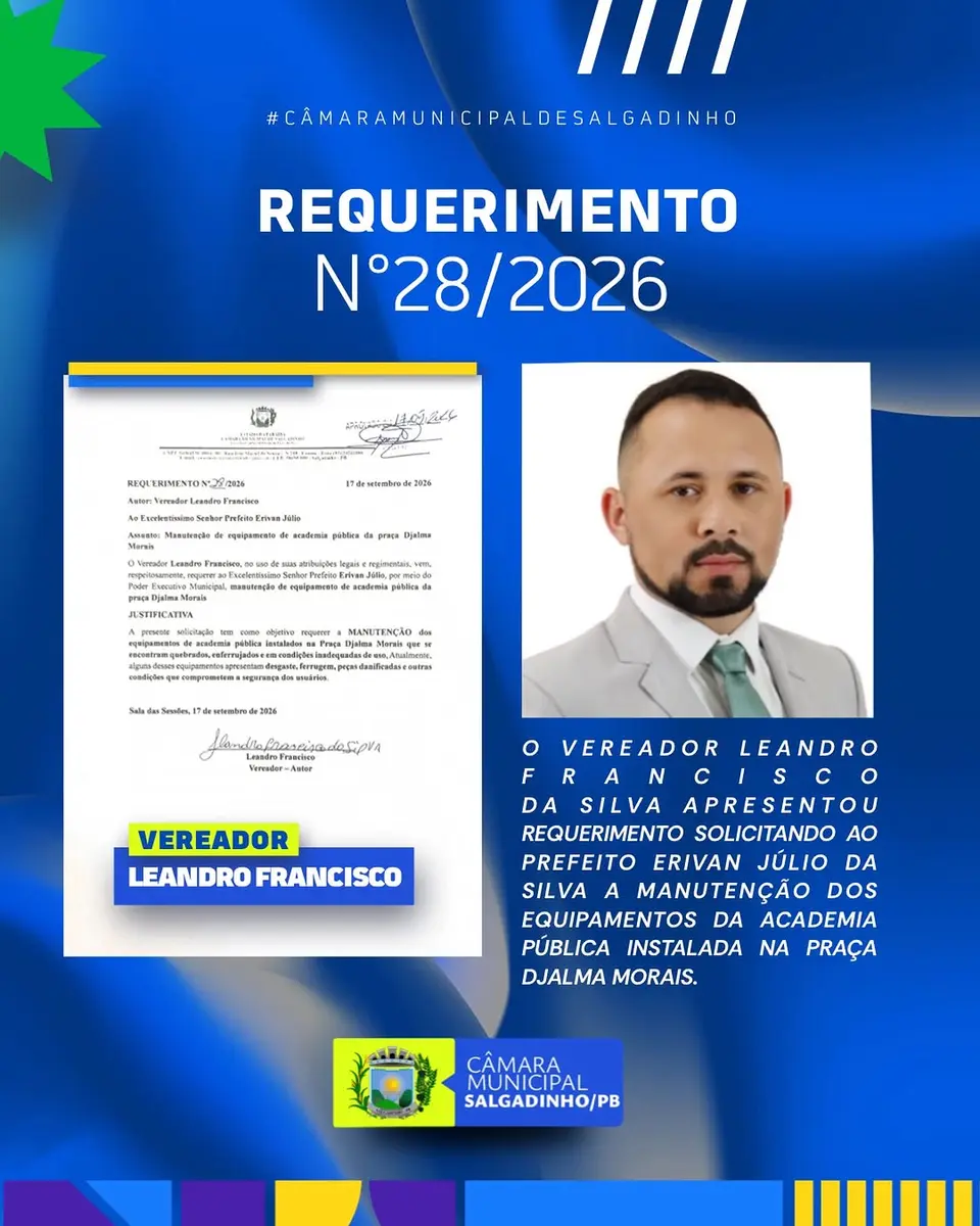 Vereador pede manutenção de equipamentos de academia pública em Salgadinho
