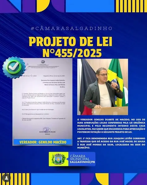 Projeto de Lei propõe nomear travessa em homenagem a Joaquim Leitão Sobrinho em Salgadinho