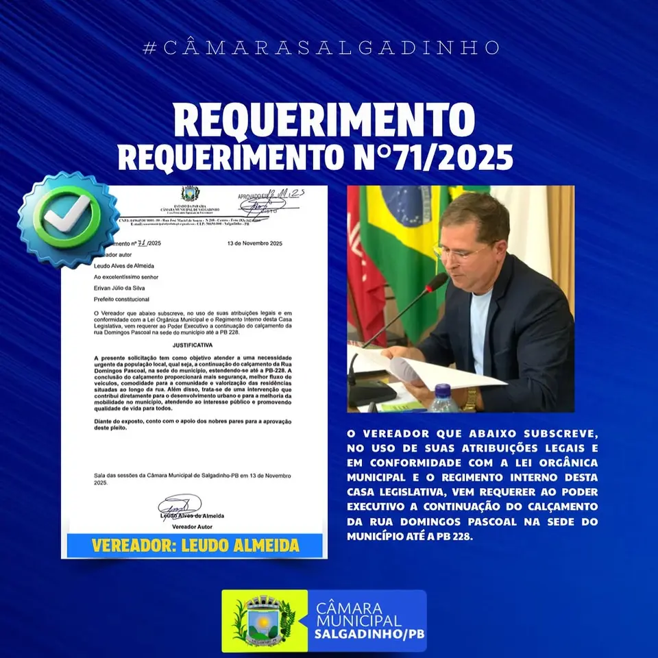 Leudo Alves solicita extensão de calçamento para Rua Domingos Pascoal em Salgadinho