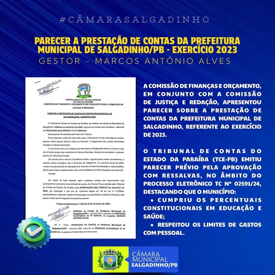 Câmara de Salgadinho analisa contas de 2023 com parecer prévio do TCE