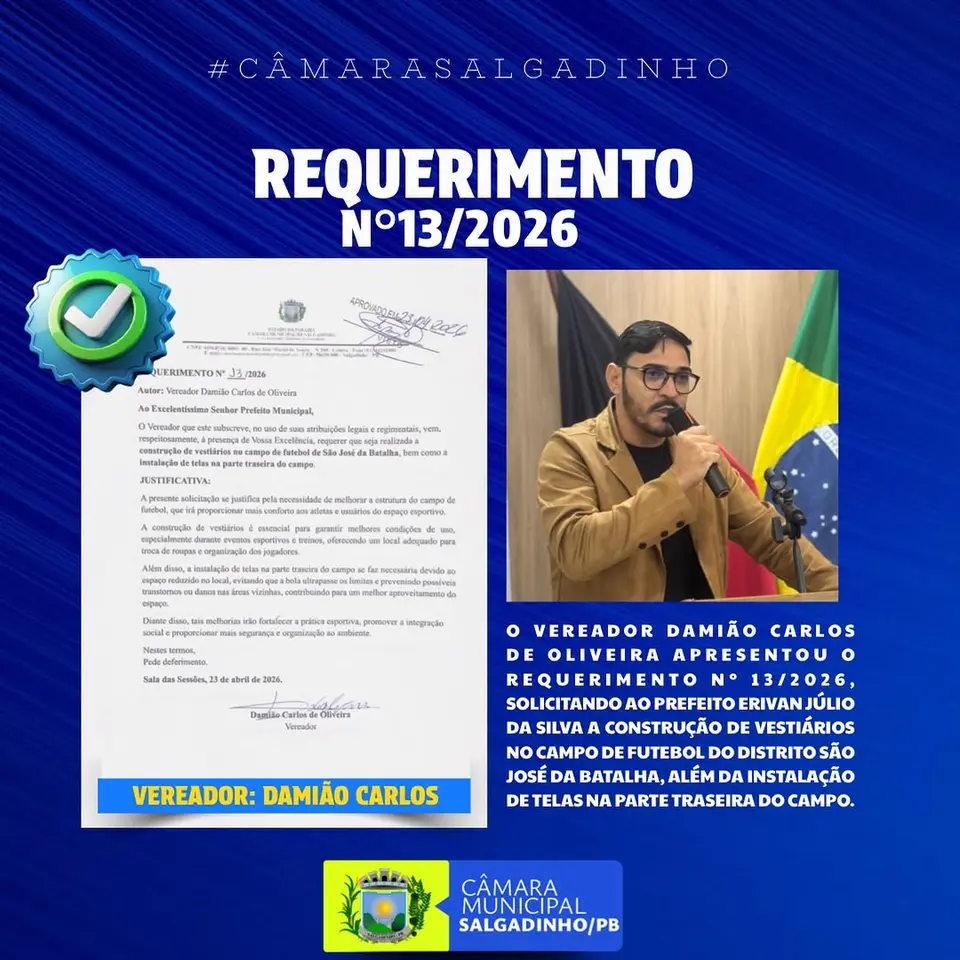 Vereador Damião requer melhorias para campo de São José da Batalha